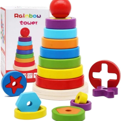 Wooden Rainbow Tower with Shapes